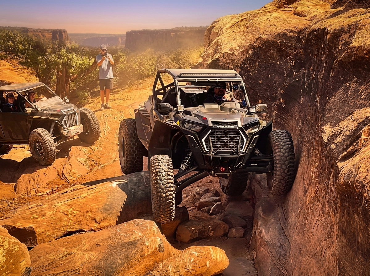Two UTVs working through a rock ledge in Moab